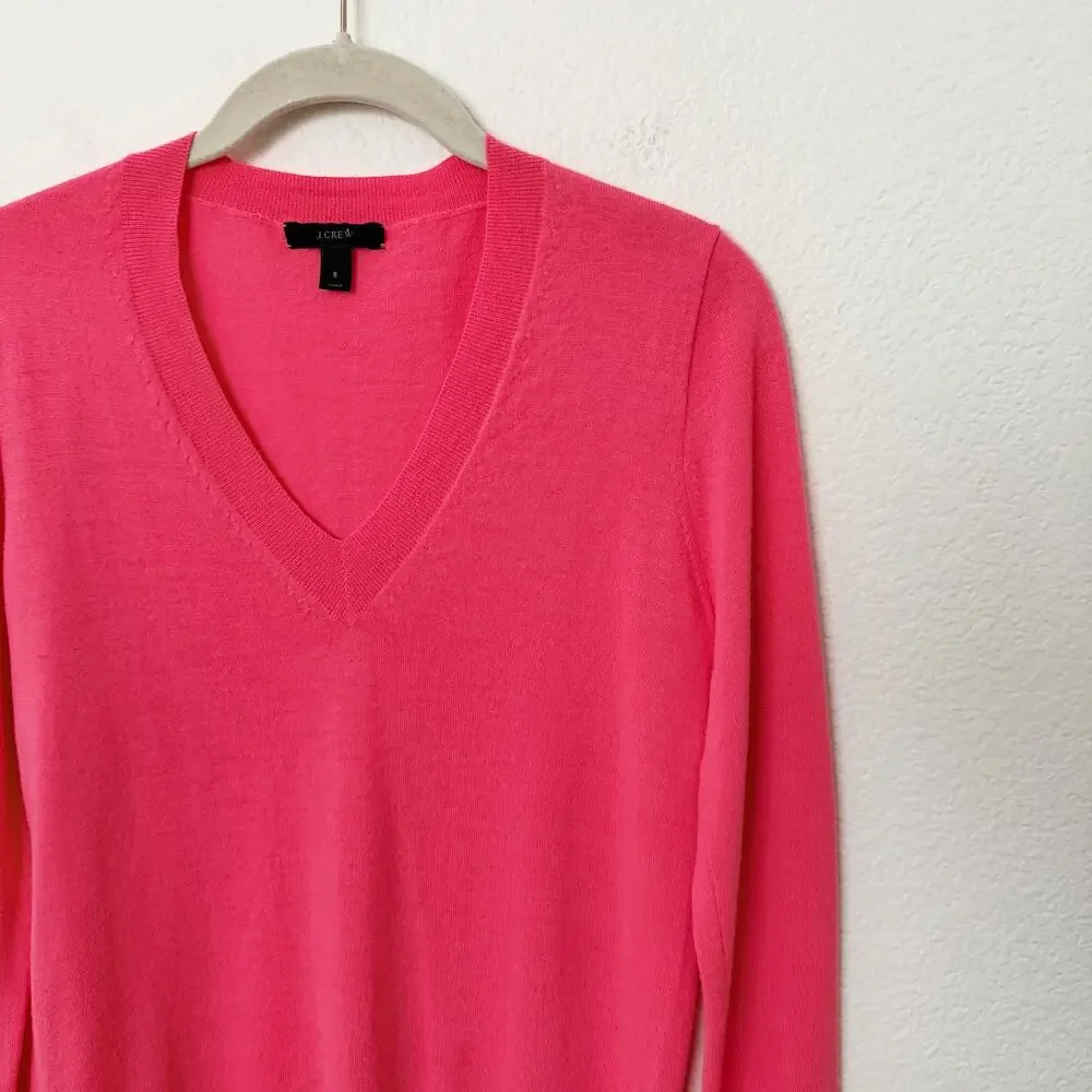 [J. Crew] Bright Pink 100% Merino Wool V-Neck Sweater Lightweight Size Small S